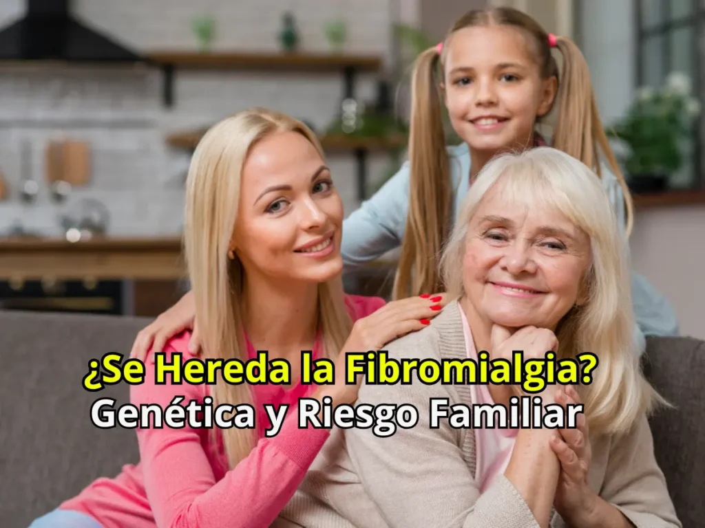 Ilustración de ADN y familia representando la herencia genética de la fibromialgia