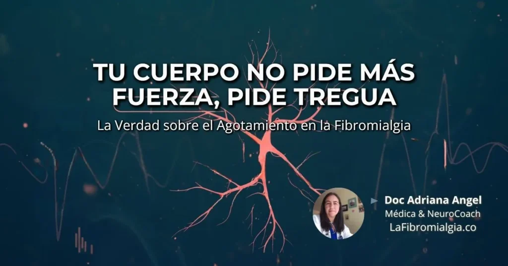 Ilustración abstracta del agotamiento en fibromialgia mostrando el sistema nervioso desregulado con neuronas en rosa coral sobre fondo azul oscuro, simbolizando la necesidad de tregua y regulación nerviosa