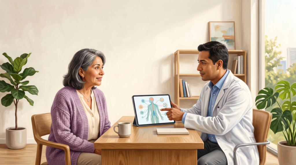 Médico explicando qué es la fibromialgia a una mujer durante una consulta.