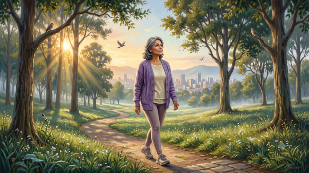 Mujer caminando al aire libre como parte del tratamiento integral de la fibromialgia.